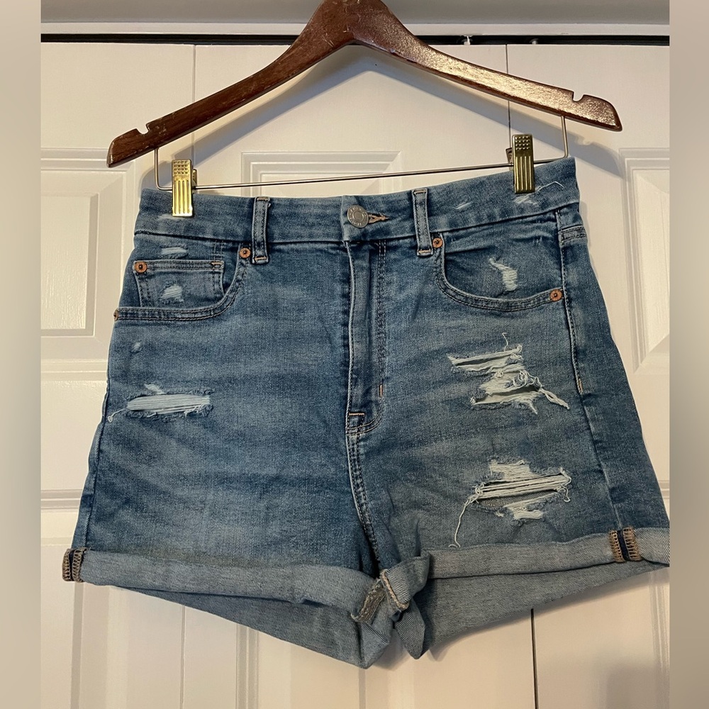 American Eagle Outfitters Light Blue Ripped Curvy High Rise Jean Shorts